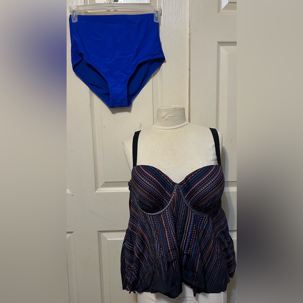 Striped Multicolor Swimsuit Top size 22 with Blue medium Bottoms